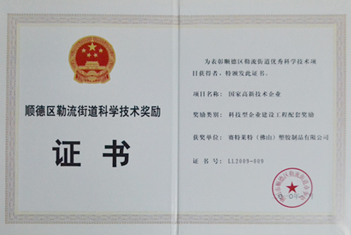 迪多-順德區(qū)勒流街道科學技術獎勵證書